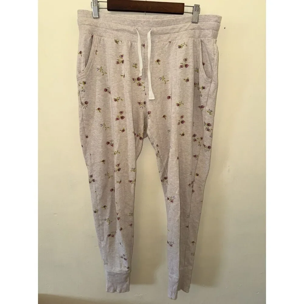 Aerie Floral French Terry Joggers Medium Beige Rose Print Drawstring Sweatpants - Picture 1 of 10